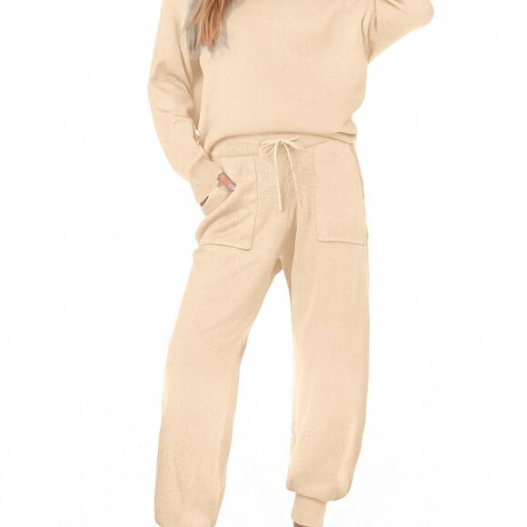 Long Sleeve Knit Pajama Set Jogger Pants With Pockets S-XXL